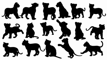 set of lion cub  silhouette vector on white background