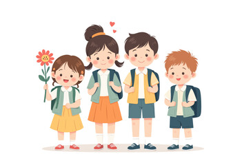 Smiling Cartoon School Children with Backpacks and Flower