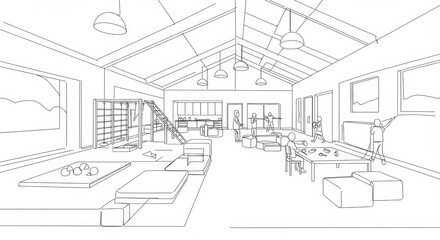 Minimalist line drawing showcasing activity room bustling with community engagement