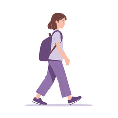 Fototapeta premium Walking student with backpack in purple outfit