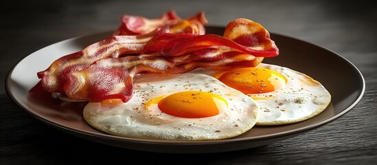 Two peppered sunny-side-up eggs with crispy bacon strips on dark plate against weathered wooden surface, high-contrast food photography emphasizing yolks and seasoning.