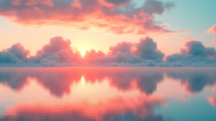 Fototapeta premium Serene sunset over tranquil waters reflecting vibrant clouds and colors in a peaceful atmosphere