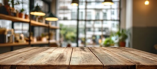 Wooden table in foreground with shallow-depth-of-field background showing blurred interior: large window, hanging lamps, shelves, and plants under natural lighting.