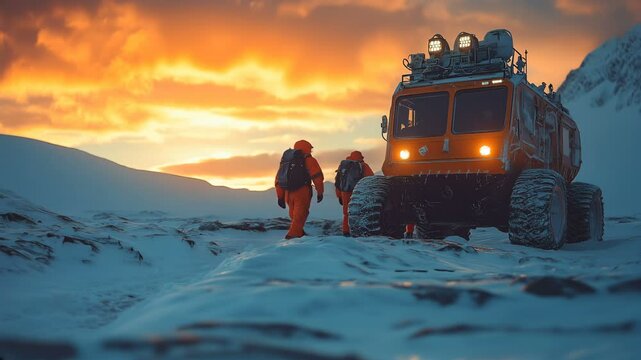 An Exploratory Team Works Together in Harsh Arctic Conditions During a Beautiful Sunset on their Journey