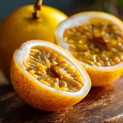 Close-up shot showcasing a halved passion fruit on a wooden surface, revealing its pulpy interior with vibrant yellow and black seeds.