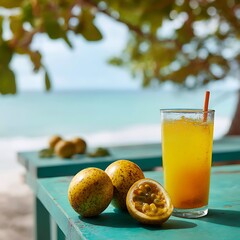 Tropical refreshment: Fresh passion fruit and a vibrant drink on a rustic table with a scenic beach backdrop, perfect for a getaway.