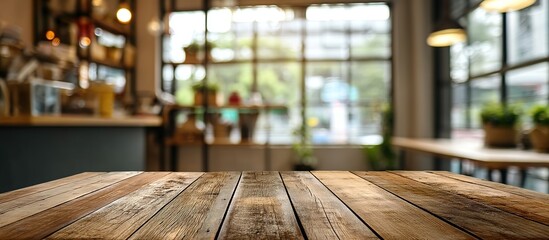Wooden table in foreground with shallow-depth-of-field background showing blurred interior: large window, hanging lamps, shelves, and plants under natural lighting.