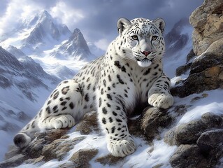 Snow Leopard Resting on Mountain Rocks in Snowy Landscape