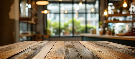Wooden table in foreground with shallow-depth-of-field background showing blurred interior: large window, hanging lamps, shelves, and plants under natural lighting.