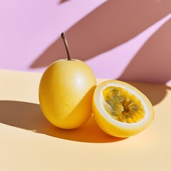 Close-up: Yellow passion fruit, whole and halved. Bright, textured, and refreshing, against a pink backdrop. Ready for a taste of summer.