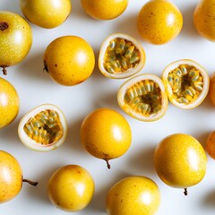 Overhead shot of yellow passion fruit arranged on white. Some are cut open revealing pulp with seeds; bright & refreshing display.