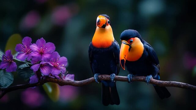 Two toucans on branch with purple flowers. Nature scene. Possible use for desktop wallpaper, website background