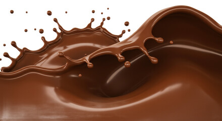 A dynamic splash of rich dark chocolate with droplets and waves against a black background