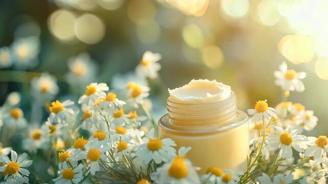 A jar of cream sits in a field of yellow flowers. The jar is half full and the flowers are scattered around it. The scene is peaceful and serene, with the jar of cream as the focal point