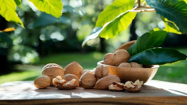 A bowl of walnuts and a pile of walnuts on a table. The walnuts are in different stages of ripeness, with some already cracked open. Concept of abundance and variety