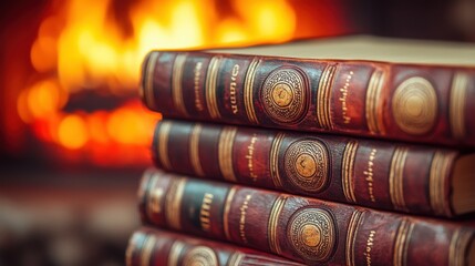 Antique books stacked near fireplace
