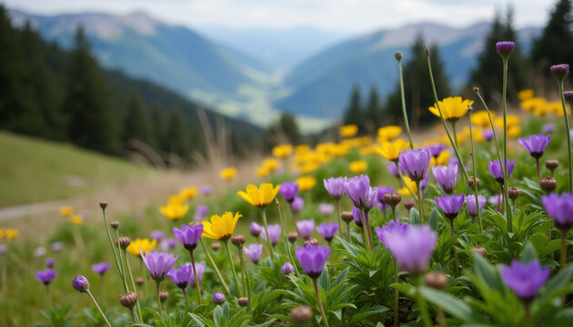 Vibrant view of colorful wildflowers in a lush valley with mountains in the background