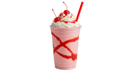 A strawberry milkshake with whipped cream cherries and a red straw on a black background isolated
