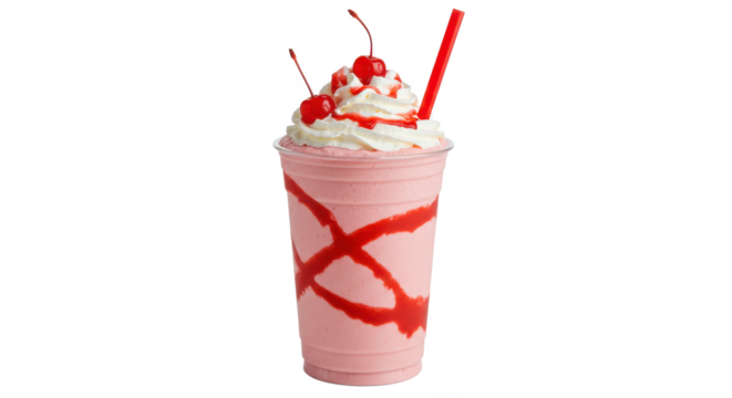 A strawberry milkshake with whipped cream cherries and a red straw on a black background isolated