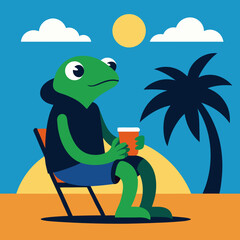 Vector illustration of a frog sitting on a chair and drinking coffee