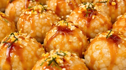 Detailed close-up of delicious Takoyaki balls drizzled with savory sauce and sprinkled with toppings, best for Japanese street food and snack promotions