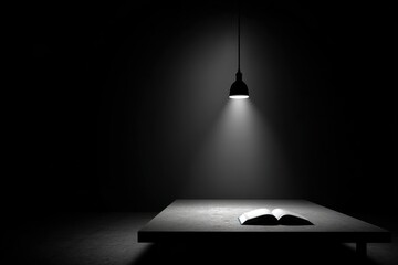 A dramatic scene with a single lamp illuminating an open book on a table, set against a stark black background, creating a sense of mystery and focus.