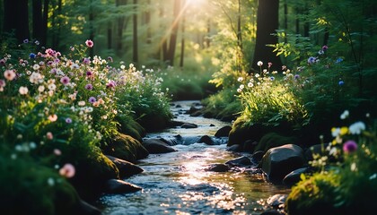 Sunlit Forest Stream: Sunlight pierces through the canopy of a lush forest, casting a warm glow on a tranquil stream winding its way through a bed of vibrant wildflowers.