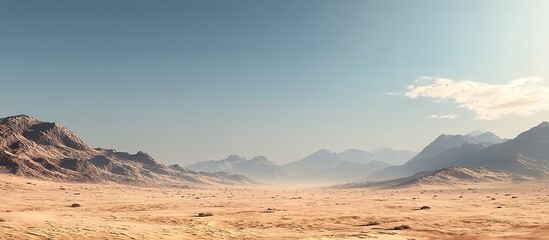 Naklejka premium Vast desert landscape with golden sand dunes stretching toward jagged mountain ranges under soft daylight, cloudless cyan sky creating atmospheric depth, wind-carved textures on sandstone cliffs.