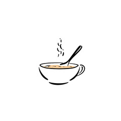 Hot soup bowl icon with spoon in minimalist line style