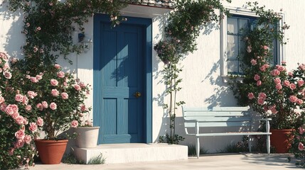 Quaint cottage scene: white walls with blue wooden door flanked by vintage lanterns and mailbox, stone path with cobalt bench between terracotta pots of pink/white roses