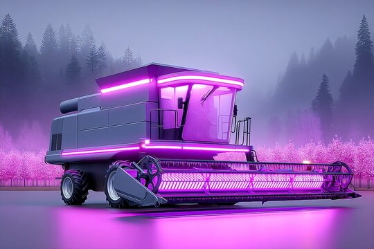 Cyberpunk farm with neon tractors and robotic scarecrows in glowing fields