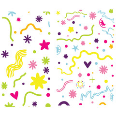 Colorful childish seamless pattern with stars and comets drawn by a crayon. Starry sky seamless pattern with doodles. Childish drawing cosmic illustration with cute doodle stars.