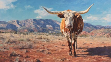 Majestic longhorn cattle with curved horns walking red-earth trail through desert valley, sun-bleached mountains under cumulus clouds casting shadows over parched grasses.