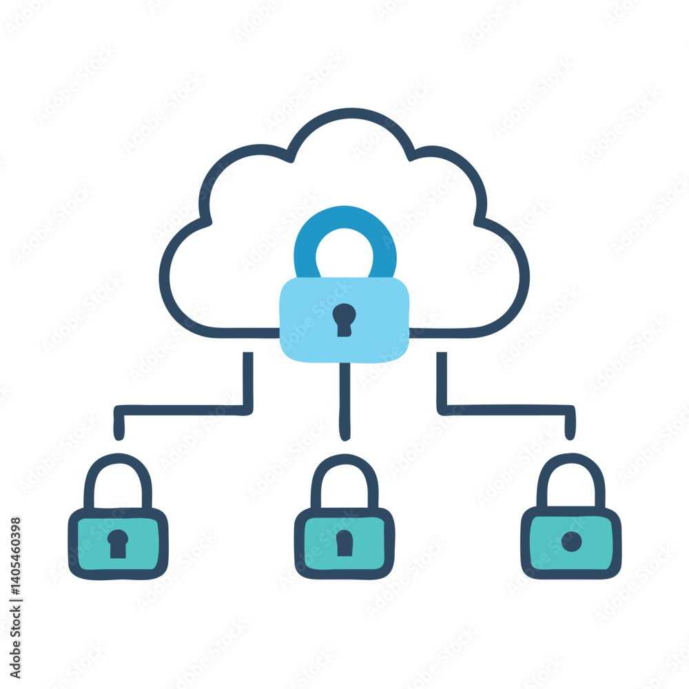 Poster Cloud Network with Multiple Locks Icon Representing Multi-Layered Cloud Security and Protected Data