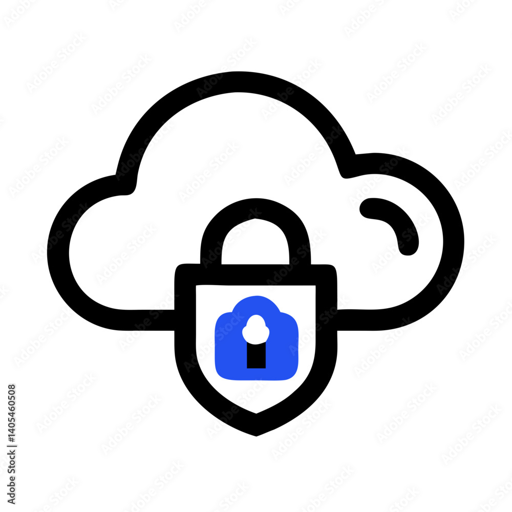Poster Cloud with Lock Shield Icon Representing Secure Cloud Storage and Data Protection