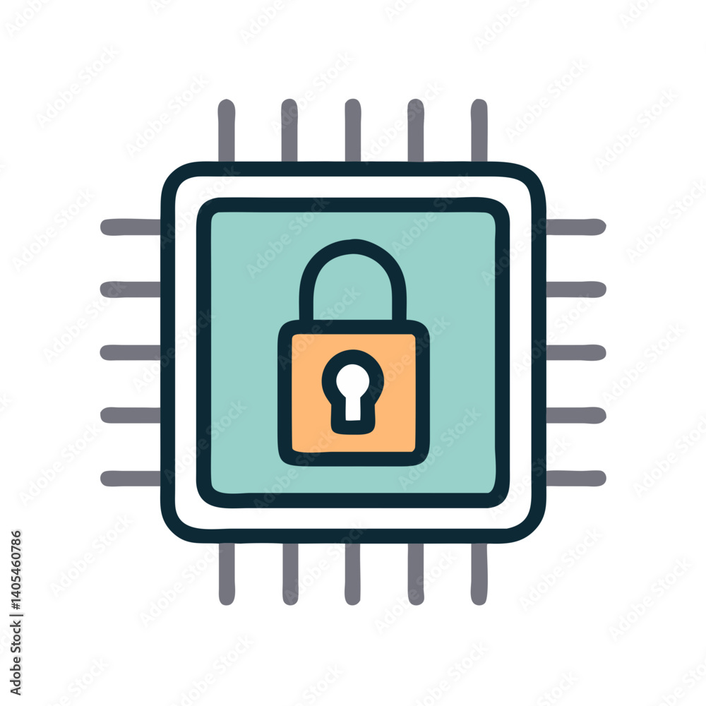 Poster Cybersecurity Chip with Lock Icon Representing Hardware-Based Security and Data Encryption