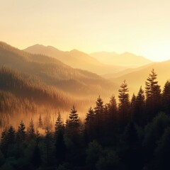 Obraz premium Golden sunrise illuminating misty mountain valley and pine forest