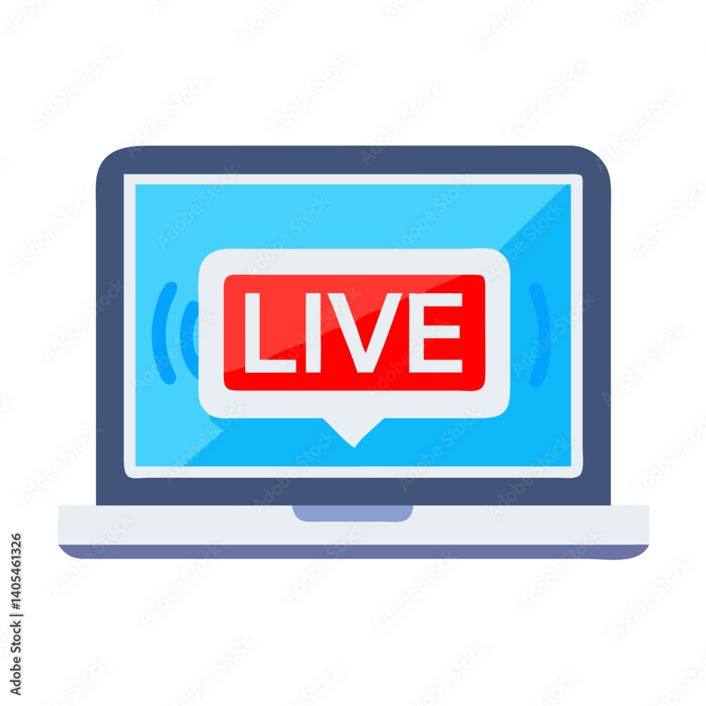 Poster laptop with live label icon representing real-time streaming and online broadcast