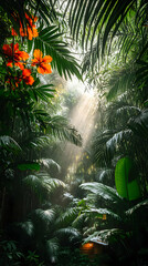 Obraz premium Tropical Forest Sunlight Rays Through Lush Plants