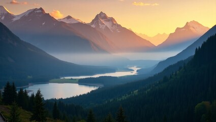 Obraz premium Majestic Sunset over Serene Mountain Lake