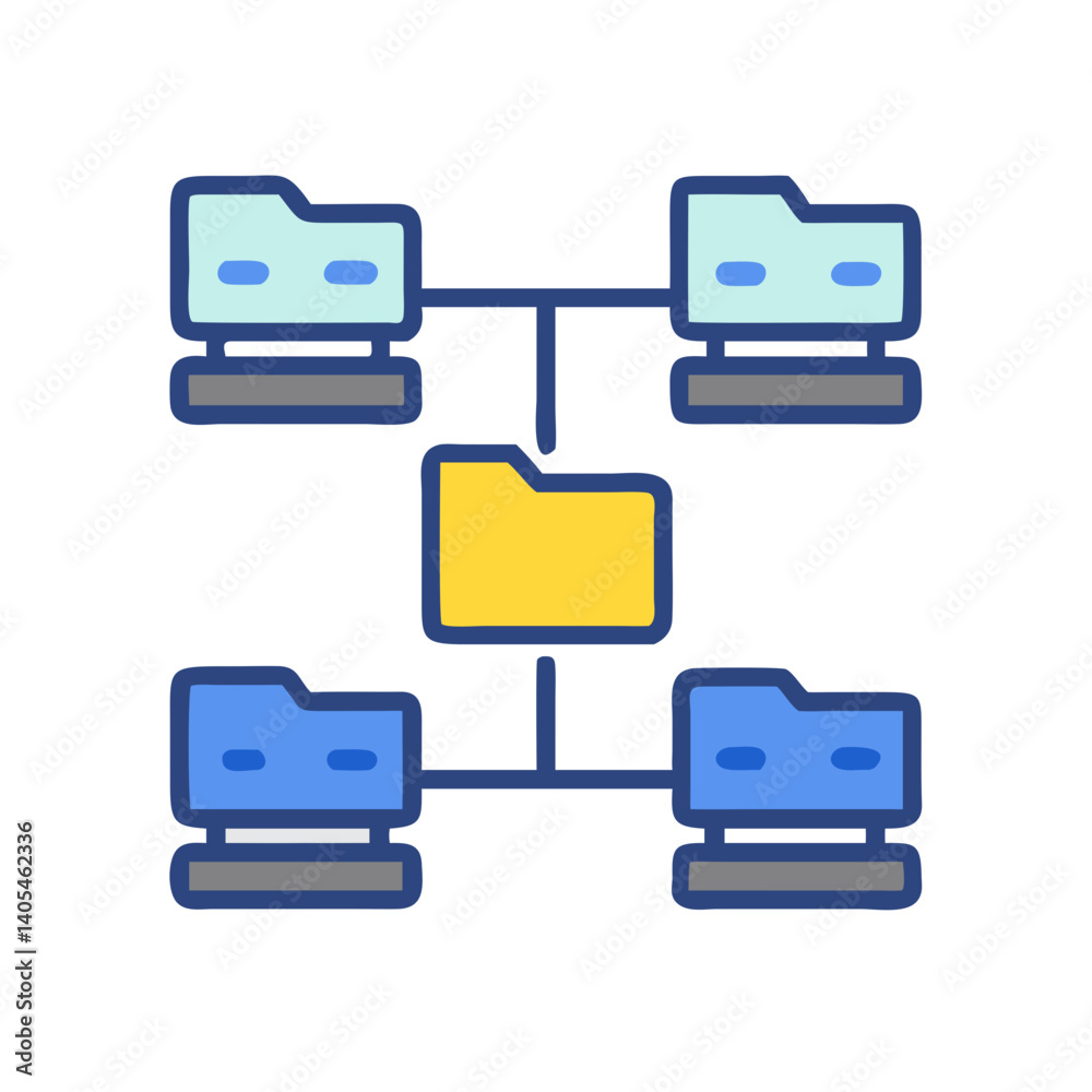 Poster Server Network with Folders Icon Representing Data Organization and File Sharing System