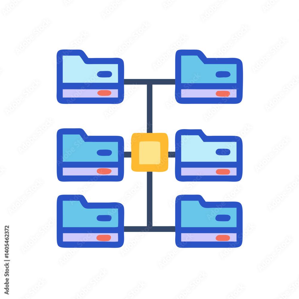 Poster Server Network with Folders Icon Representing Data Organization and File Sharing System