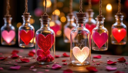 Love Potion Bottles Create a whimsical scene with hearts inside glass bottles suspended from strings, resembling love potions glowing softly.