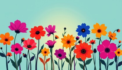 Fototapeta premium Colorful Floral Silhouettes Illustrate bold, colorful flower silhouettes against a gradient background, emphasizing their shapes and contours.