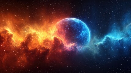 Obraz premium Cosmic Nebula and Celestial Body: A Fiery Encounter in Space
