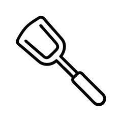 Outline drawing of a kitchen spatula with a rectangular head and a handle on a white background