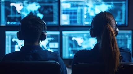 Data analysis task force monitors global trends tech hub digital media control room overhead view innovation insights
