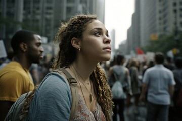 Obraz premium A young woman with curly hair looks upward during a protest in a city street, with buildings and other people around, expressing hope and determination for change.