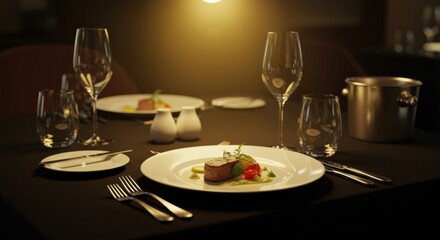 Table set with elegant fine dining portions, champagne flutes, black tablecloth, white porcelain plate, warm golden spotlight.
