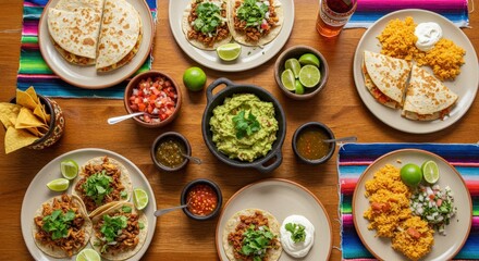 Fototapeta premium Plates with tacos, guacamole, quesadilla, pico de gallo, limes, spicy sauces, colorful textiles, wooden table, top-down shot.